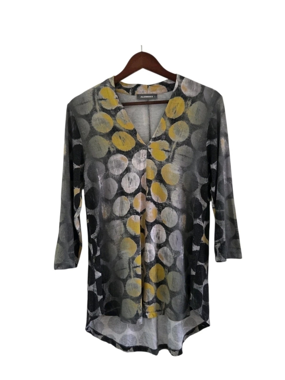 Alembika V Neck Yellow Gray circular hive Print Pattern Hi Lo Hem Size 3 10 12